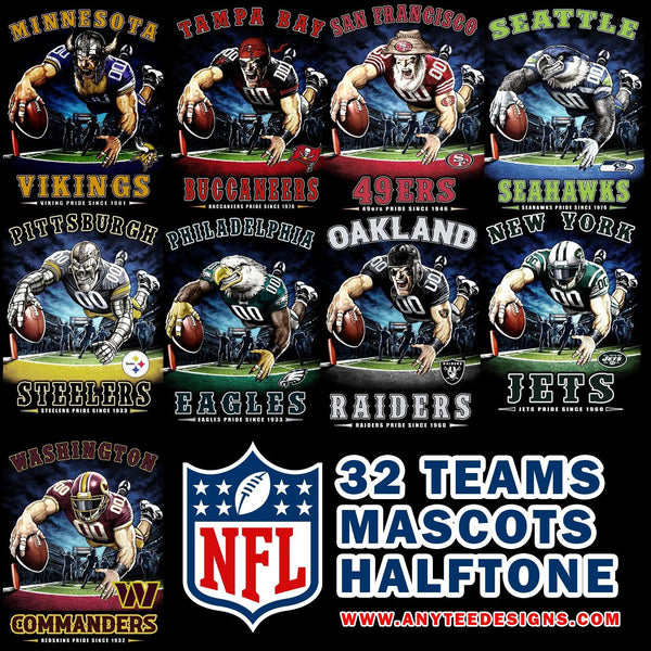NFL 32 Teams Mascots T-Shirt Design Download File Bundle 2 (HALFTONE) - anyteedesigns